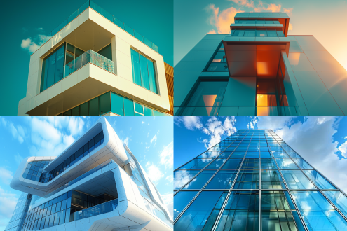 modern architectural design of a stylized number "1" shaped building, 3-story structure, minimalist geometric lines