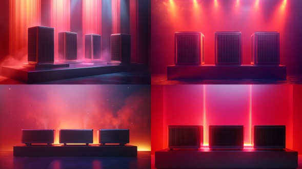 a cinematic product display with gradient crimson background, three streamlined central air conditioner outdoor units on a minimalist metallic platform at right, industrial design with high-gloss surfaces reflecting intense directional lighting from upper left, dramatic volumetric light beams creating sharp shadows, floating dust particles illuminated by spotlight, hyper-detailed 8k rendering, photorealistic style with cyberpunk lighting accents, shallow depth of field emphasizing products