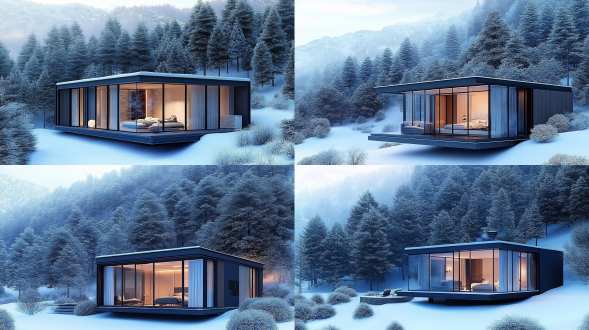 场景雪山，两层别墅，上层卧式下层客厅和卫生间，落地玻璃，里面有地暖，外面放置中央空调外机