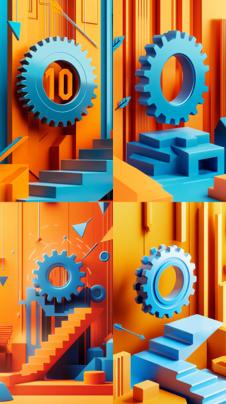 内容浅蓝点缀橙色色调，精益改善主题，有巨大齿轮，上升的台阶，箭头等，光源从后面射过来，整体氛围紧张，光感强烈，画面中间有一个粗大的100，和齿轮台阶箭头完美融合