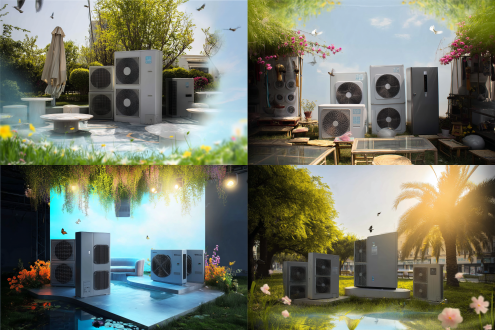 画面是春意盎然，花香鸟鸣，画面中间有空调外机一组占画面五分之一，空调外机坐落在开放式的空间，空间里面有沙发茶几花瓶等装饰，画面主题是一副空调海报，质感高，4k画质，户外光源，机器的光感强烈