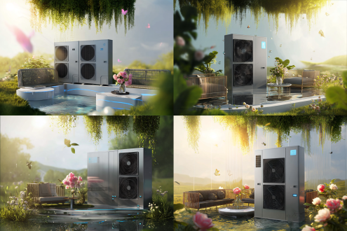 spring scenery with blooming cherry blossoms and flying swallows, golden sunlight filtering through greenery, open-air lounge area, industrial-style air conditioner outdoor unit occupying 1/5 central composition, metallic texture with glowing blue led indicators, modern rattan sofa set with marble coffee table, crystal vase holding peonies, hanging ivy plants, hyperrealistic product photography, cinematic lighting, bokeh effect, sharp focus on machinery details, 8k resolution, hdr rendering, micro-detail texture mapping, photorealistic materials, dynamic rim lighting from backlight, metallic surface specular highlights, volumetric sun rays, anodized aluminum texture with brushed finish, water droplets condensation effect, holographic brand logo projection