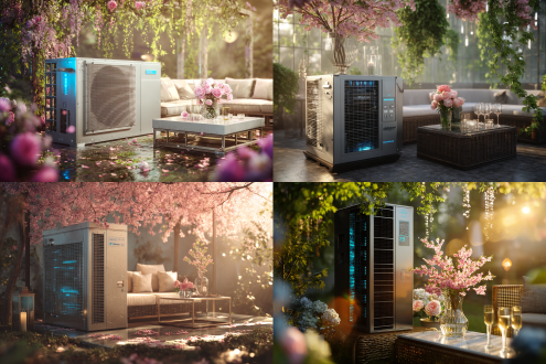 spring scenery with blooming cherry blossoms and flying swallows, golden sunlight filtering through greenery, open-air lounge area, industrial-style air conditioner outdoor unit occupying 1/5 central composition, metallic texture with glowing blue led indicators, modern rattan sofa set with marble coffee table, crystal vase holding peonies, hanging ivy plants, hyperrealistic product photography, cinematic lighting, bokeh effect, sharp focus on machinery details, 8k resolution, hdr rendering, micro-detail texture mapping, photorealistic materials, dynamic rim lighting from backlight, metallic surface specular highlights, volumetric sun rays, anodized aluminum texture with brushed finish, water droplets condensation effect, holographic brand logo projection