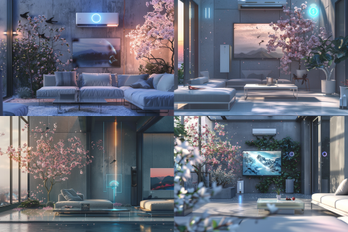 spring garden with sakura petals floating in air, birds perched on minimalist metal frames, semi-open modular space with c4d-rendered geometric structures, 3d-rendered air conditioner outdoor unit group with frosted glass panels occupying 20% of central frame, glowing cyan power status ring with particle effects, l-shaped sectional sofa with floating acrylic coffee table, 85-inch ultra-thin wall-mounted tv displaying mountain landscape, parametric design partition walls, octane render style with subsurface scattering, clean wireframe overlay effect, metallic uv texture mapping, geometric volumetric lighting, vertical garden with creeping fig on concrete walls, augmented reality weather interface hovering near ac unit, smart home sensor clusters, studio-quality product visualization, 4k hdr with multi-pass rendering, sharp focus on glass refraction details, depth sensor motion blur, golden hour sunlight at 45° angle casting sharp shadows, rgb ambient fill light from tv screen, neon ductwork edge lighting