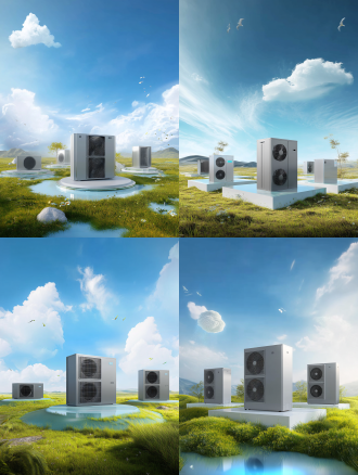 蓝天白云草地，产品台上放置几台中央空调，4k，c4d渲染，光感强烈，机器金属质感