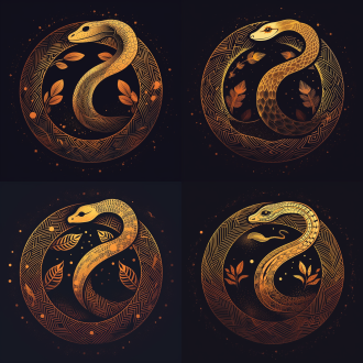 手绘风格金色蛇剪影，线条简约，年画风，高清画质，居中构图，暖色调，长焦镜头，逆光，静止，神秘，传统。