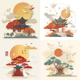 东方美学中秋贴纸，枫树凉亭祥云玉兔凤凰飞鸟月亮，扁平矢量插画，暖色调白背景，简洁线条，和谐构图，静谧清新。