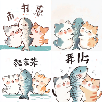 3只不同色可爱小猫抱大鱼摸鱼大笑，水彩透叠插画，淡雅呆萌简笔画风，纯白背景黑字，童趣笔触，可爱温馨，9:16比例。