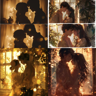 男女言情画面，三分法构图，柔和色调，动漫风，室内场景，长焦镜头，逆光，拥抱，深情，浪漫。