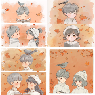 上下两宫格卡通情侣头像。上方画面中，一个灰发小男孩，他脸颊带一抹红晕，眼神温柔地看向手中的书，一只灰色的小鸽子停在他的头顶，他穿着白色毛衣，背景是淡橙色，点缀着几片小枫叶。下方画面中，一个扎着低马尾、头戴白色贝雷帽的灰发小女孩，她同样脸颊泛红，眼神认真地看着停在自己头顶的小鸽子，身着白色短裙。背景也是淡橙色，有枫叶装饰。比例 9:16。