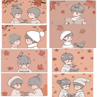 上下两宫格卡通情侣头像。上方画面中，一个灰发小男孩，他脸颊带一抹红晕，眼神温柔地看向手中的书，一只灰色的小鸽子停在他的头顶，他穿着白色毛衣，背景是淡橙色，点缀着几片小枫叶。下方画面中，一个扎着低马尾、头戴白色贝雷帽的灰发小女孩，她同样脸颊泛红，眼神认真地看着停在自己头顶的小鸽子，身着白色短裙。背景也是淡橙色，有枫叶装饰。比例 9:16。