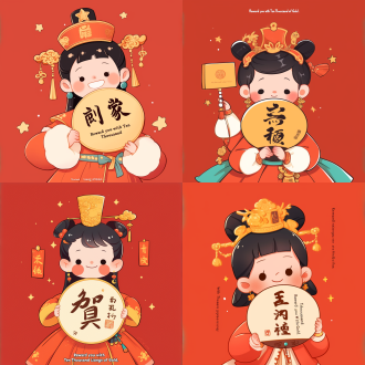 插画，q版，古风，一位穿着橘色服饰的清朝皇后，手里举着一个大大的圆形扇子，扇子里面棕色手写大字“赏你 黄金万两”。丰富的细节，纯红背景，星星做点缀，高精细度，大师构图，极简主义。比例 3:4。