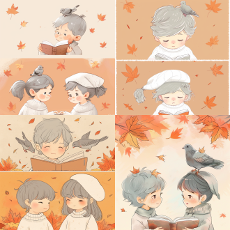 上下两宫格卡通情侣头像。上方画面中，一个灰发小男孩，他脸颊带一抹红晕，眼神温柔地看向手中的书，一只灰色的小鸽子停在他的头顶，他穿着白色毛衣，背景是淡橙色，点缀着几片小枫叶。下方画面中，一个扎着低马尾、头戴白色贝雷帽的灰发小女孩，她同样脸颊泛红，眼神认真地看着停在自己头顶的小鸽子，身着白色短裙。背景也是淡橙色，有枫叶装饰。比例 9:16。
