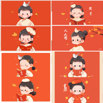 上下两宫格卡通情侣头像。上方画面中，一个灰发小男孩，他脸颊带一抹红晕，眼神温柔地看向手中的书，一只灰色的小鸽子停在他的头顶，他穿着白色毛衣，背景是淡橙色，点缀着几片小枫叶。下方画面中，一个扎着低马尾、头戴白色贝雷帽的灰发小女孩，她同样脸颊泛红，眼神认真地看着停在自己头顶的小鸽子，身着白色短裙。背景也是淡橙色，有枫叶装饰。比例 9:16