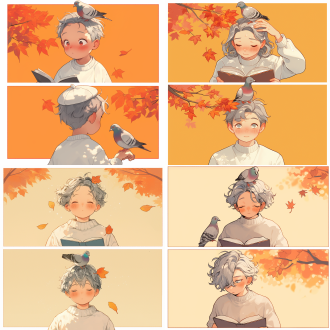 上下两宫格卡通情侣头像。上方画面中，一个灰发小男孩，他脸颊带一抹红晕，眼神温柔地看向手中的书，一只灰色的小鸽子停在他的头顶，他穿着白色毛衣，背景是淡橙色，点缀着几片小枫叶。下方画面中，一个扎着低马尾、头戴白色贝雷帽的灰发小女孩，她同样脸颊泛红，眼神认真地看着停在自己头顶的小鸽子，身着白色短裙。背景也是淡橙色，有枫叶装饰。比例 9:16