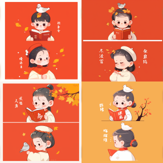 上下两宫格卡通情侣头像。上方画面中，一个灰发小男孩，他脸颊带一抹红晕，眼神温柔地看向手中的书，一只灰色的小鸽子停在他的头顶，他穿着白色毛衣，背景是淡橙色，点缀着几片小枫叶。下方画面中，一个扎着低马尾、头戴白色贝雷帽的灰发小女孩，她同样脸颊泛红，眼神认真地看着停在自己头顶的小鸽子，身着白色短裙。背景也是淡橙色，有枫叶装饰。比例 9:16