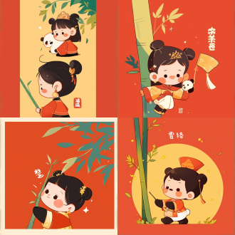 一张上下两宫格的q版头像。上方画面：一只萌态十足的熊猫，抱着一根竹子下方画面：一棵翠绿的竹子，生机勃勃。比例 3:4。