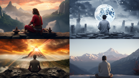 一个男人在光滑的山顶禅坐，即将迎来心灵的解脱，四周闪电雷鸣，阴沉与光明混合的氛围，8k，高清细节，电影特效