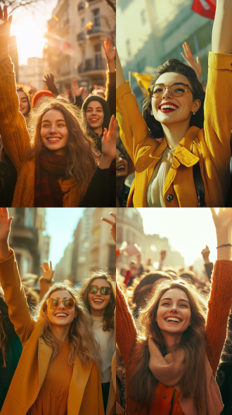 三八妇女节海报，居中构图，都市街头，暖黄主调，特写镜头，顶光，女性微笑挥手，自信优雅，活力氛围。