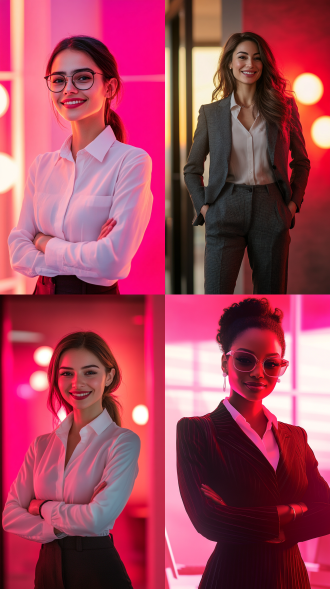 三八妇女节海报，居中构图，女性微笑站立，着职业装自信优雅，办公室环境，暖光，长焦镜头，清晰锐利，红粉色调，积极氛围。