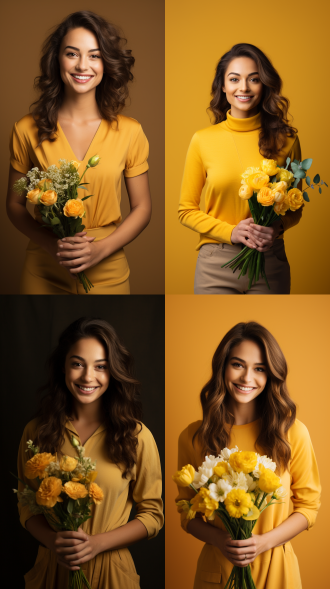 三八妇女节，居中构图，职场场景，暖黄色调，长焦镜头，顶光，女性微笑着拿花，自信，庄重。