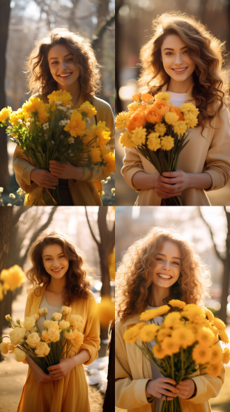 三八妇女节，女性微笑拿花，三分构图，城市公园，暖黄调，长焦镜头，逆光，站立，温馨，喜悦。