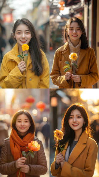 三八妇女节中国女性，居中构图，都市街道，暖黄色调，长焦镜头，顶光，微笑拿花，自信，亲切。