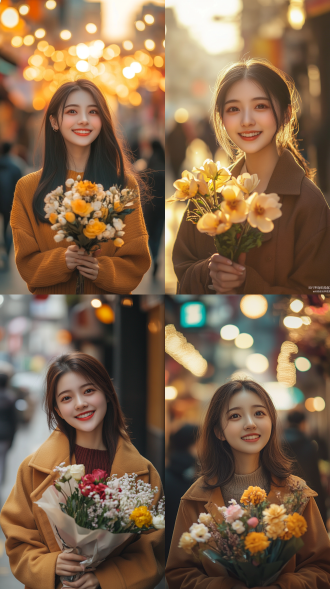 三八妇女节中国女性，居中构图，都市街道，暖黄调，长焦镜头，顶光，微笑持花，自信，亲和，写实风。