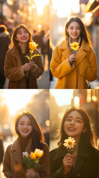 三八妇女节中国女性，居中构图，都市街道，暖黄调，长焦镜头，逆光，微笑拿花，自信优雅，温馨喜悦。
