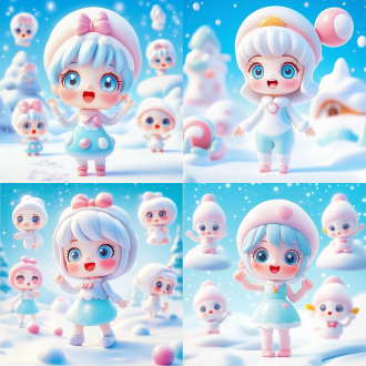 图片主体：一个可爱搞怪的动漫版，脸部特征，上半身或全身 情绪：各种表情和动作，动作夸张，欢乐，生气，悲伤，愤怒，思考，拥抱，奔跑，招手等  风格：可爱动漫插画风格，白色和蓝色主色调  画质：精致的细节，超高清，8k 图片布局：3x3 网格图，一个网格一个头像，不显示网格线，白色背景