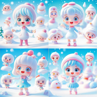 图片主体：一个可爱搞怪的动漫版，脸部特征，上半身或全身 情绪：各种表情和动作，动作夸张，欢乐，生气，悲伤，愤怒，思考，拥抱，奔跑，招手等  风格：可爱动漫插画风格，白色和蓝色主色调  画质：精致的细节，超高清，8k 图片布局：3x3 网格图，一个网格一个头像，不显示网格线，白色背景