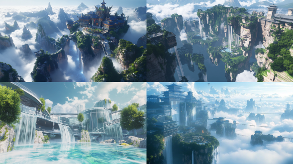 neo-chinese style,university campus,a curtain wall with outstanding glass texture,transparent glass walls,many islands,suspended in the high sky,in the future,waterfalls,the legend of zeldadreams,the hanging gardens,blue as the main color,rich in details,islands connected by suspension bridgessea of clouds,sunny morning,chinese cornices,the background blue sky and white clouds,neo-futurism,futuristic aesthetics,natural light,surrealism,realistic light,bright light,top view,8k,uhd,ultra realistic,detailed,cinematic effect,photorealistic