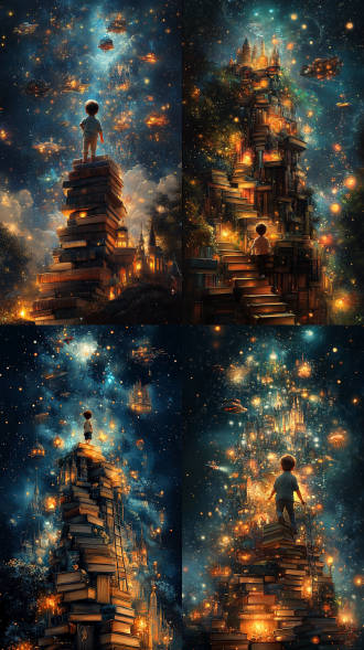 a highly detailed and enchanting vertical illustration of a young boy, around ten or eleven years old, climbing a clearly defined ladder up a tall stack of vintage books. each step on the ladder is sharply visible, with intricate detail, as the boy ascends towards a magical world at the top. the magical world above is the primary focus, filled with vibrant, richly illustrated elements: majestic castles, mythical creatures, floating airships, glowing lights, and a whimsical atmosphere that invites him into a world of imagination. the books below form a strong, foundational base for this journey, symbolizing knowledge and growth, with each book rendered in intricate textures and designs. the scene is illustrated in a realistic, cinematic fantasy style with **warm, glowing tones throughout the entire image**, avoiding dark shades, and focusing on a positive, uplifting atmosphere. the boy’s face, visible in profile, shows awe and amazement as he gazes upward towards the magical realm. the setting features precise details on the books, the ladder, and every aspect of the magical world above, creating a captivating scene of wonder and adventure.