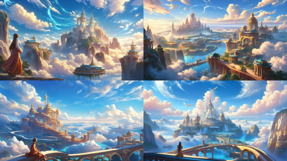 天上圣城，全景构图，色彩明快，氛围圣洁，远处云彩缭绕，古代与科幻建筑融合，超广角镜头，顶光，宁静，冷白调，神圣感。