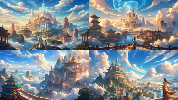 天上圣城，全景构图，色彩明快，氛围圣洁，远处云彩缭绕，古代与科幻建筑融合，超广角镜头，顶光，宁静，冷白调，神圣感。