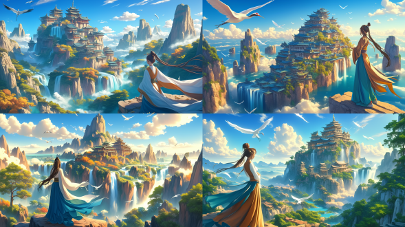 高空飘浮古老修仙宗门，全景构图，高山流水瀑布，白云白鹤，古刹露一角，山峦错落，绿意生机，仙气足，游戏动画风，影视效果，高级滤镜，辛烷渲染，高清。