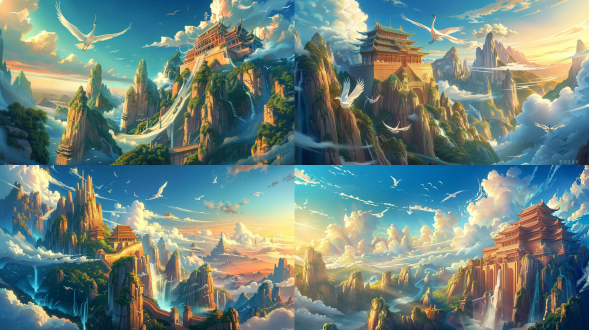 高空飘浮古老修仙宗门，全景构图，高山流水瀑布，白云白鹤，古刹露一角，山峦错落绿意浓，游戏动画风，影视效果，高级滤镜，辛烷渲染，高清，仙气。