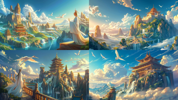 高空飘浮古老修仙宗门，全景构图，高山流水瀑布相伴，白云白鹤，古刹露一角，山峦错落绿意浓，仙气足，游戏动画风，影视效果，高级滤镜，辛烷渲染，高清
