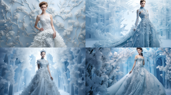 冰魂雪韵 系列强调冰雪的纯净和独特韵味，同时也展现出 中国风礼服的轻奢与高雅。 灵感来源：冰雪森林，冰花雪影、都是冬天梦幻般的场景。系列将以此为灵感展开系列礼服的设计，将冰晶做为元素，运用天青色和白色的色调，模拟冰晶的透明感和光泽度。结合中国风的工艺和细节，展现出中国风的轻奢与高雅。采用立体感的雕花以及丝绸、缎面、水晶刺绣等工艺加持，让每一件礼服都如同精雕细琢的艺术品。