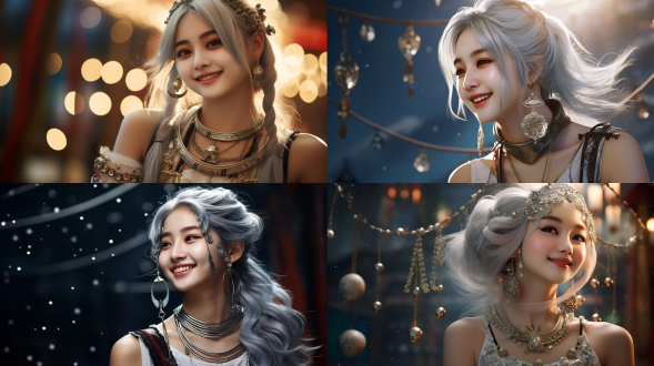 东方苗族少女，银色发饰，月牙项链，吊着很多银饰，身穿苗族特色服装，微笑开心，正对屏幕，建模，c4d，皮克斯风格，干净的背景，广角视角