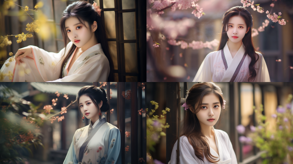 温婉国风女孩，中式庭院，汉服，面对镜头，远景，屏风花朵，柔光，高饱和度多巴胺色彩，长焦镜头，静态，温柔表情，细腻纹理，和谐色彩搭配。