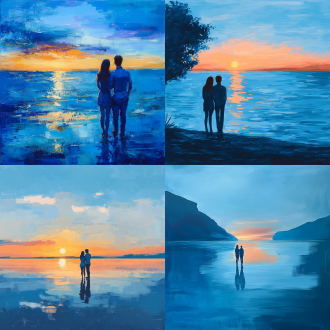 一对情侣在海边看日初，环境水蓝色反光