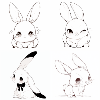 一只可爱的兔子，黑白线条画插图，黑色线条，线条画，单色调盲盒风格，玩具，迪斯尼风格，奇比，白色背景