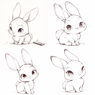 一只可爱的兔子，黑白线条画插图，黑色线条，线条画，单色调盲盒风格，玩具，迪斯尼风格，奇比，白色背景