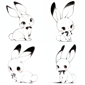 一只可爱的兔子，黑白线条画插图，黑色线条，线条画，单色调盲盒风格，玩具，迪斯尼风格，奇比，白色背景