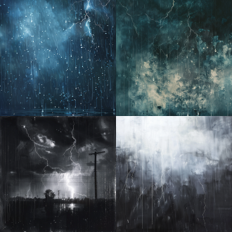 电闪雷鸣的暴雨前景象，全景构图，乌云密布天空，冷色调，长焦镜头，顶光，慢快门，闪电交错，雨滴悬垂，压抑。