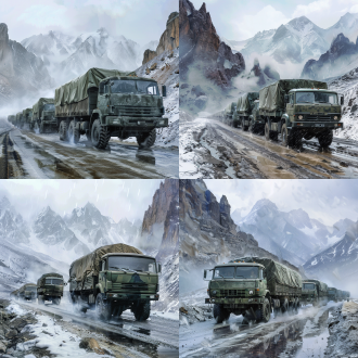 军绿色卡车车队，写实风，沉浸感强，有帆布罩，沿青藏高原崎岖山路行驶，悬崖雪山环绕，冰路雪雾，卡车坚固统一，多云天空，坚毅协调。