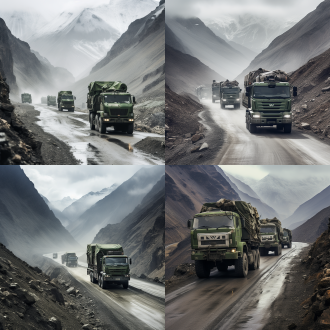 军绿色卡车车队远景，写实风，沉浸感强，有帆布罩，沿青藏高原崎岖山路行驶，悬崖雪山环绕，冰路雪雾，卡车坚固统一，多云天空，坚毅协调，长焦镜头，冷色调。