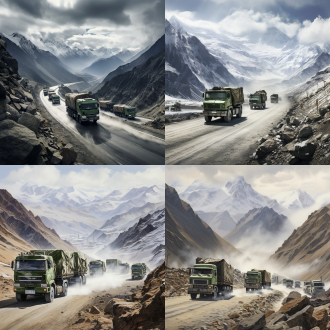 军绿色卡车车队远景，写实风，对角线构图，青藏高原崎岖山路，悬崖雪山环绕，冰路雪雾，多云天空，坚固统一卡车带拱形帆布罩行驶，坚毅协调，沉浸感强。