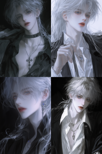 一个28岁男性，（（白色长发）），蓝色眼睛，黑色西装，腹肌，半身，冷色调，灯光黯淡，8k分辨率，绝美五官。